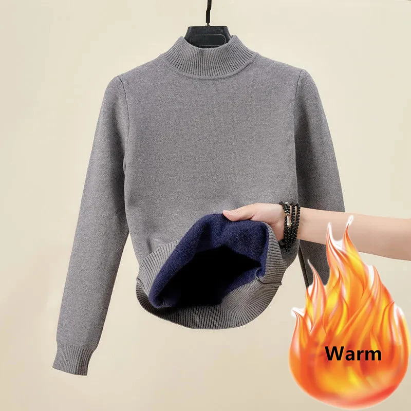 Suéter de terciopelo ajustado para mujer, jersey de punto grueso de manga larga con forro de terciopelo, jersey de cuello alto, jersey suave y cálido para invierno