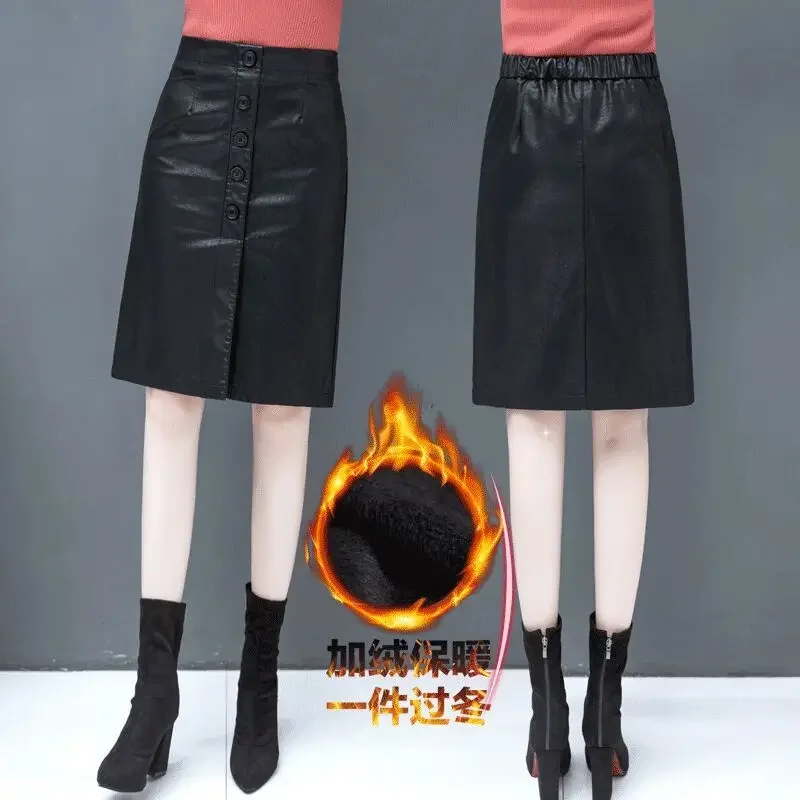 

PU Leather Skirt Women's Autumn and Winter Black Elastic Waist Split A- line Dress Woman Skirts Mujer Faldas Saias Mulher