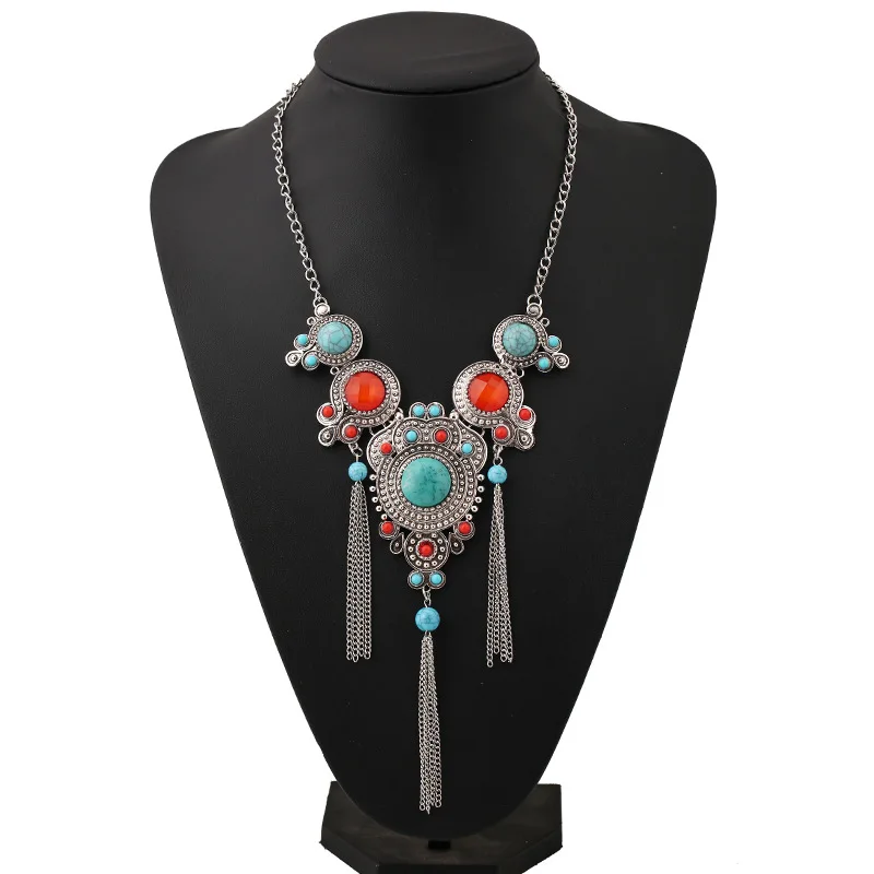 

Бирюзовое длинное богемное эффектное этническое женское винтажное ожерелье в стиле ретро с круглой кисточкой в подарок