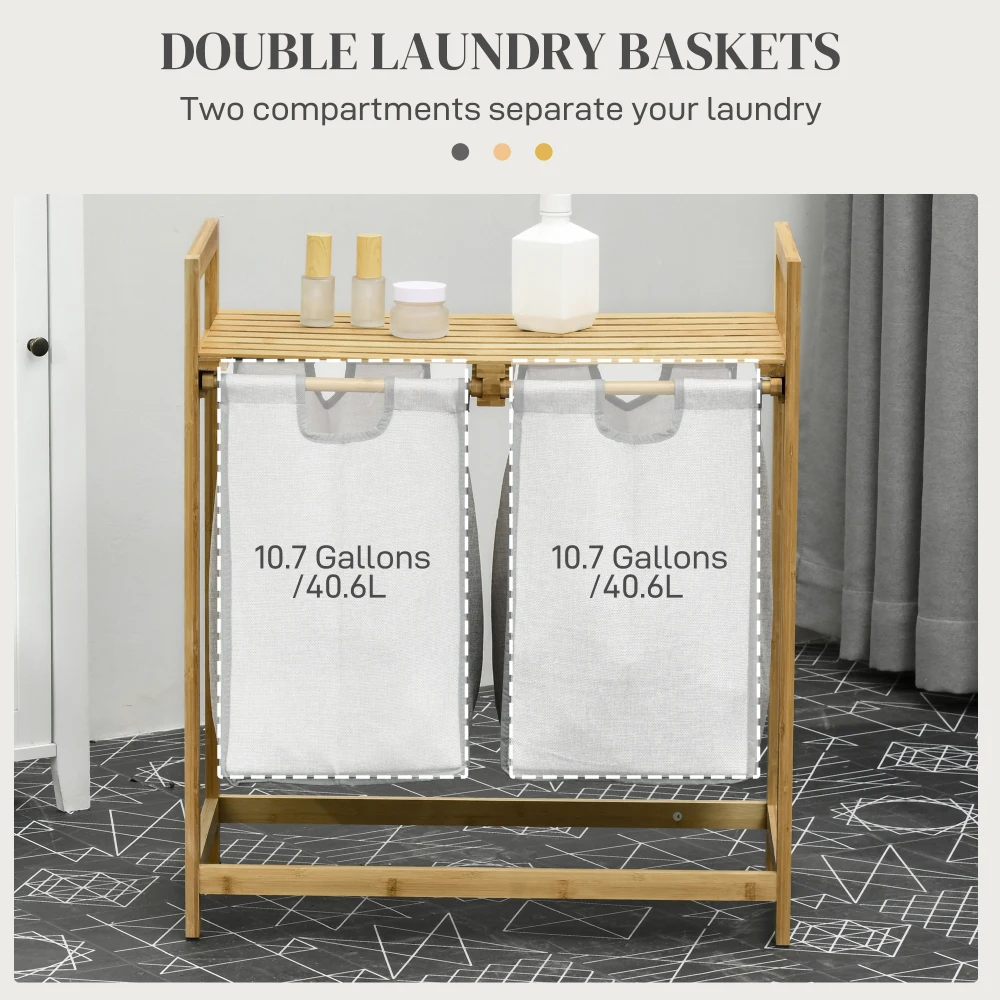 HOMCOM Double Laundry Hamper 2 Section Bamboo Laundry Basket with  Shelf 2 Pull-Out and Removable Bags for Bedroom Bathroom Laun 6