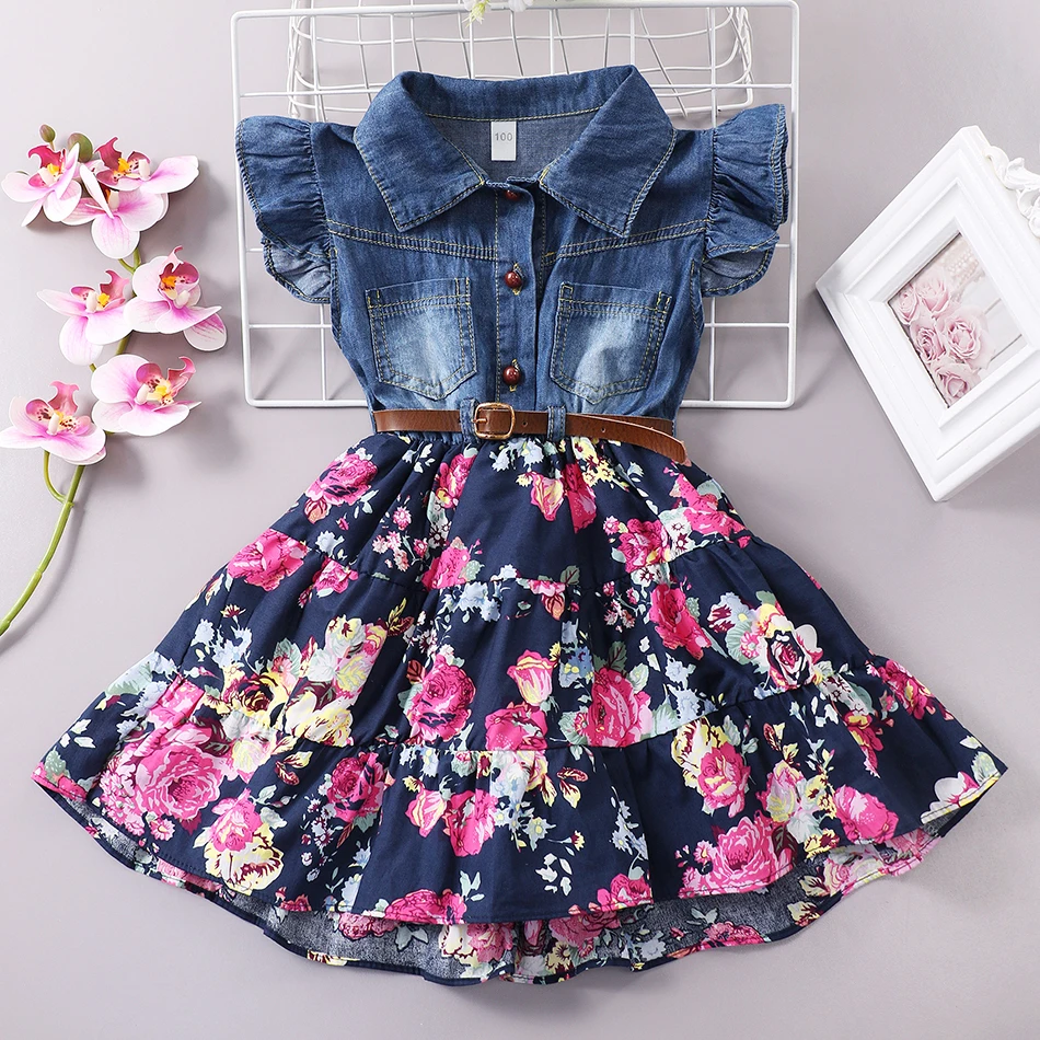 

Little Girls Princess Dresses Sleeveless Denim Tops Floral Print Skirts One-Piece Outfit with Belt Girls Fashion Causal Clothes