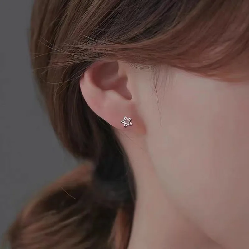 100%925 Sterling Silver Needles Silver Color Simple Small Heart Star Stud Earrings for Women Hypoallergenic Daily Wear Ear Girls