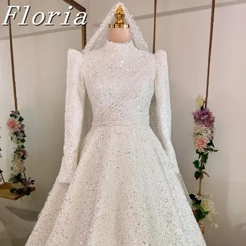 Eleganti Abiti da Sposa Musulmani con Collo Alto, Abiti da Sposa Arabi di Dubai, Vestiti da Sera Linea A فساتين سهرة نسائية فاخرة سعودية مع خرز Personalizzati