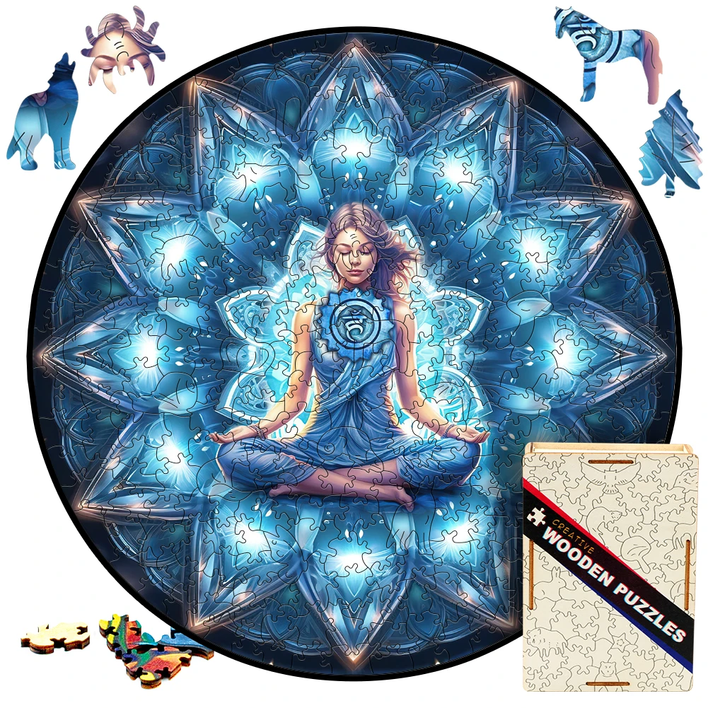 Circular Wooden Jigsaw Puzzle For Adults Chakra Yoga Vishuddha Puzzle Girls' Toys Blue Petals Wood Puzzles Home And Decoration for xiaomi 12 pro 5g 12s pro 5g 12 pro dimensity 5g pu leather wood texture inner pc tpu protective mobile phone case shell blue