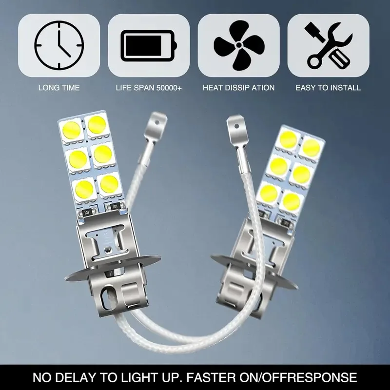 자동차용 H3 LED 안개등 2개 세트, 5050-12SMD, 55W, 6000K, 12V AC, 뛰어난 침투력으로 안개와 싸우도록 설계됨