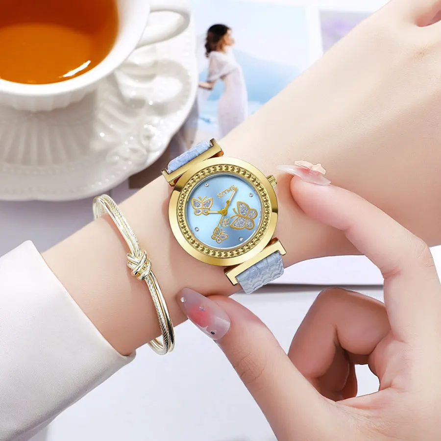 Fashionable Women's Gold Butterfly Diamond Quartz Watch Set