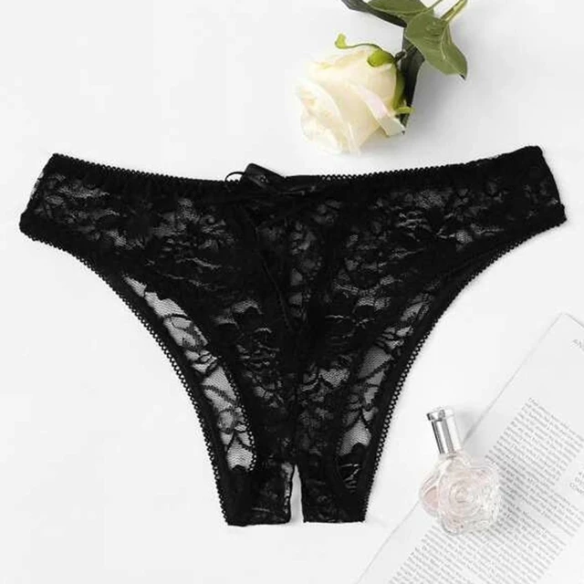 Sexy Floral Lace Panty Solid Underwear Brief Plus Side Crotchless