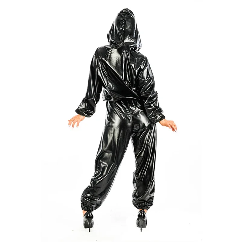 Shiny Patent Leather Overalls Women PVC Hooded Jumpsuits Gothic Bloomers Ladies Faux Latex One Piece Costume Clubwear New Custom 2