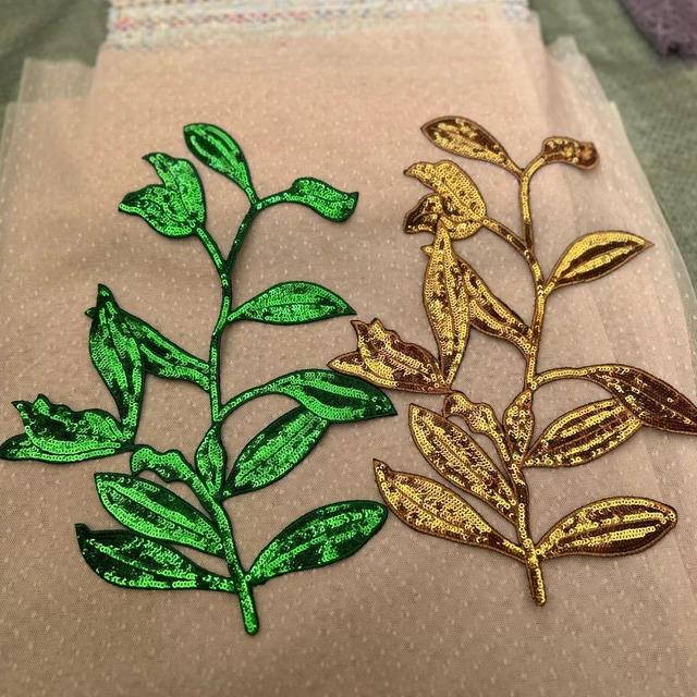 4 Toppe Ricamate A Foglia In Pizzo - Applicazioni Per Cucito Su Abiti, Sposa, Fai Da Te (Verde E Oro) - Foto 7