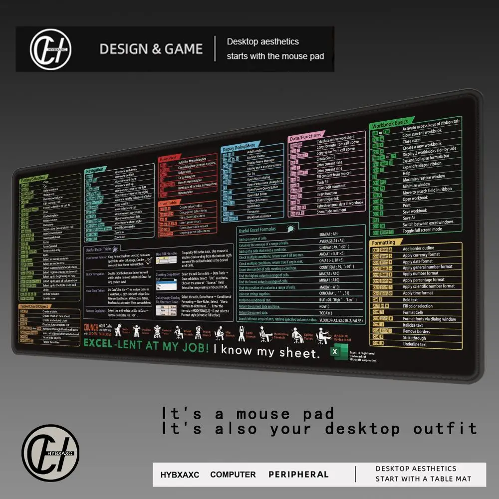 XXL Excel Großes Mauspad mit erweiterter Tastenkombination, Gaming-Tastaturteppich mit genähten Kanten, rutschfeste Tischmatte, Bürozubehörteppich