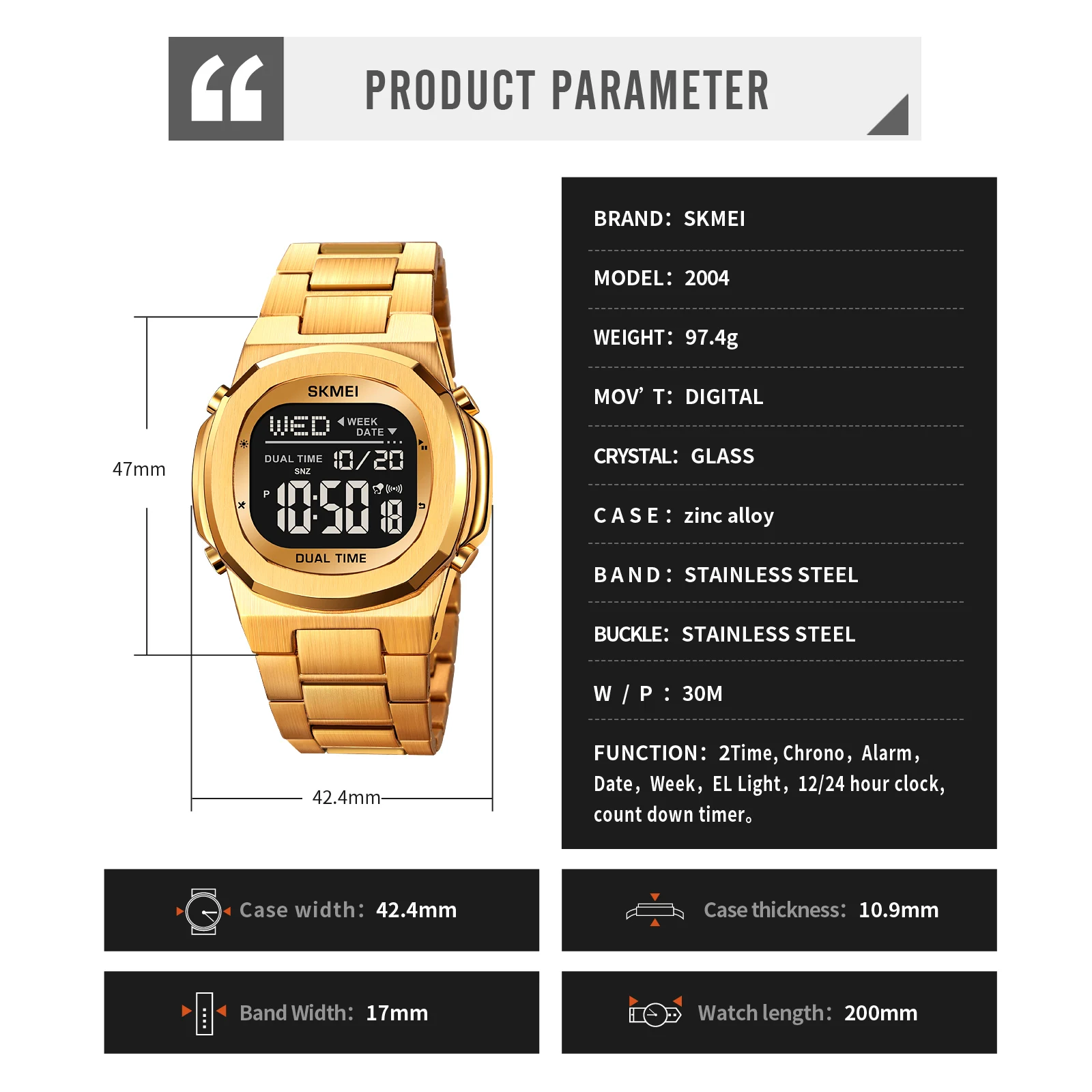 SKMEI 2004 Luxury Digital Watch for Men Sport Calendar Steel Waterproof Electronic Men Wristwatches Led Alarm Clock Reloj Hombre