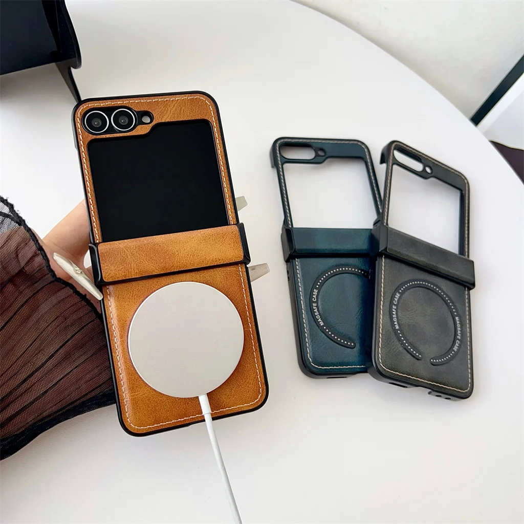 Magnetic PU Leather Phone Case with Shockproof Hinge Protection and Wireless Charging Capability