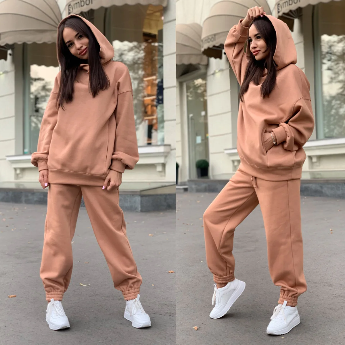 Women 2 Piece Set 2023 Autumn Sport Outfits Fleece Oversize Sweatshirt Suit  Solid Long Sleeve Hooded Top Elastic Waist Pant Lady - Hoodies &  Sweatshirts - AliExpress