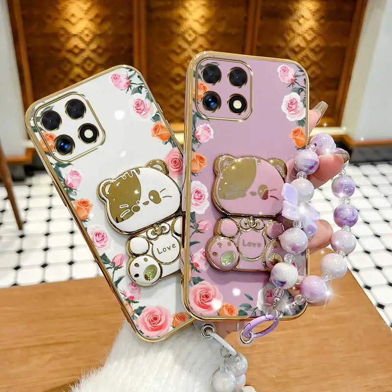 Elegant Gradation Rose Leaf Phone Case Set with Lanyard and Stand