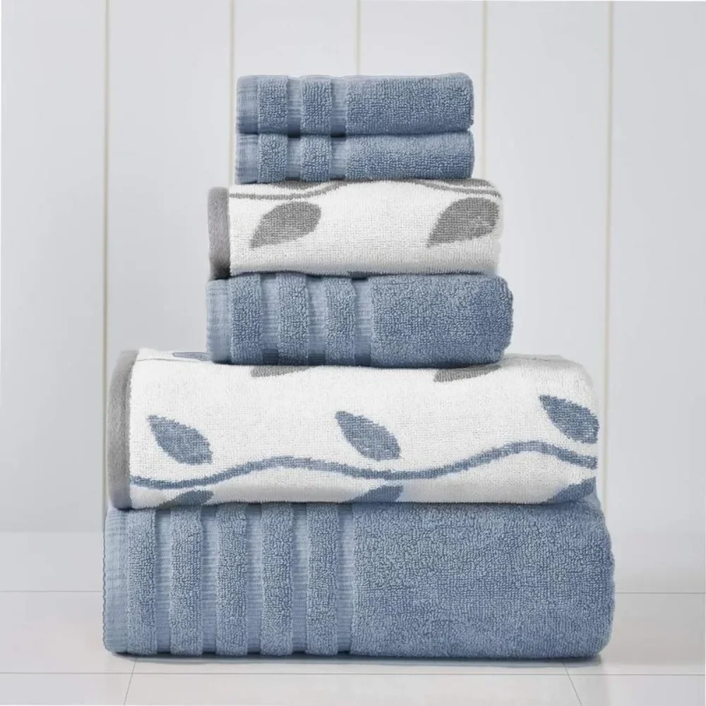 

6-piece Color Woven Organic Vine Jacquard/solid Ultra Soft Combed Cotton Towel Set [Blue] Handkerchief Half Body Bath Robe