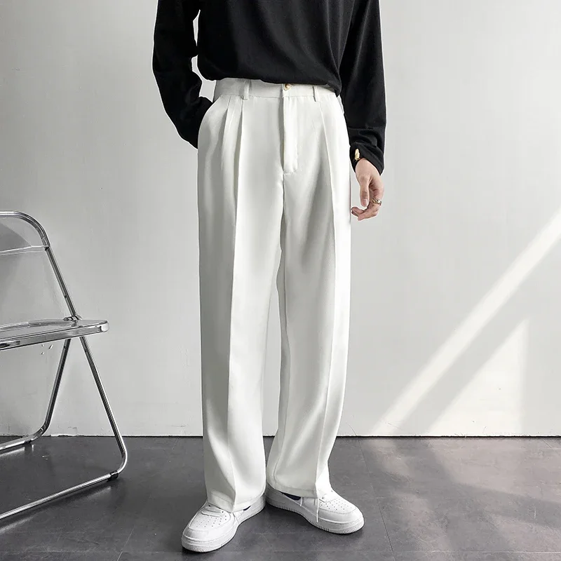 New Fashion Men's Oversize Suit Pants Wide Leg Long Drape Trousers Solid Straight High Waist Casual Pant Black White Khaki