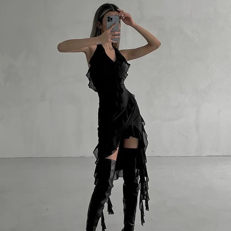 

2023 New Summer Style V-shaped Low-cut Neckline Ruffled Sleeveless Mini Dress Irregular Backless Slim Sexy Short Skirt Club Part