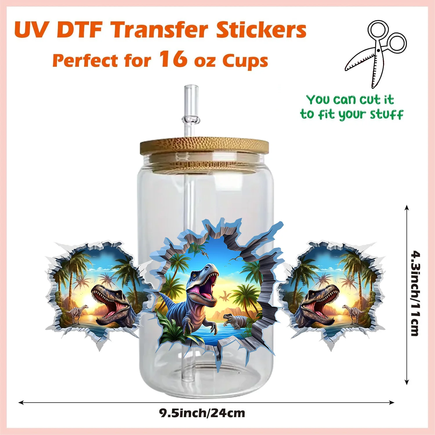 3D Dinosaur Stickers peel waterproof DIY Decals 3D transfers uvdtf crystal stickers 16oz uv dtf cup wraps for Libbey Glasses