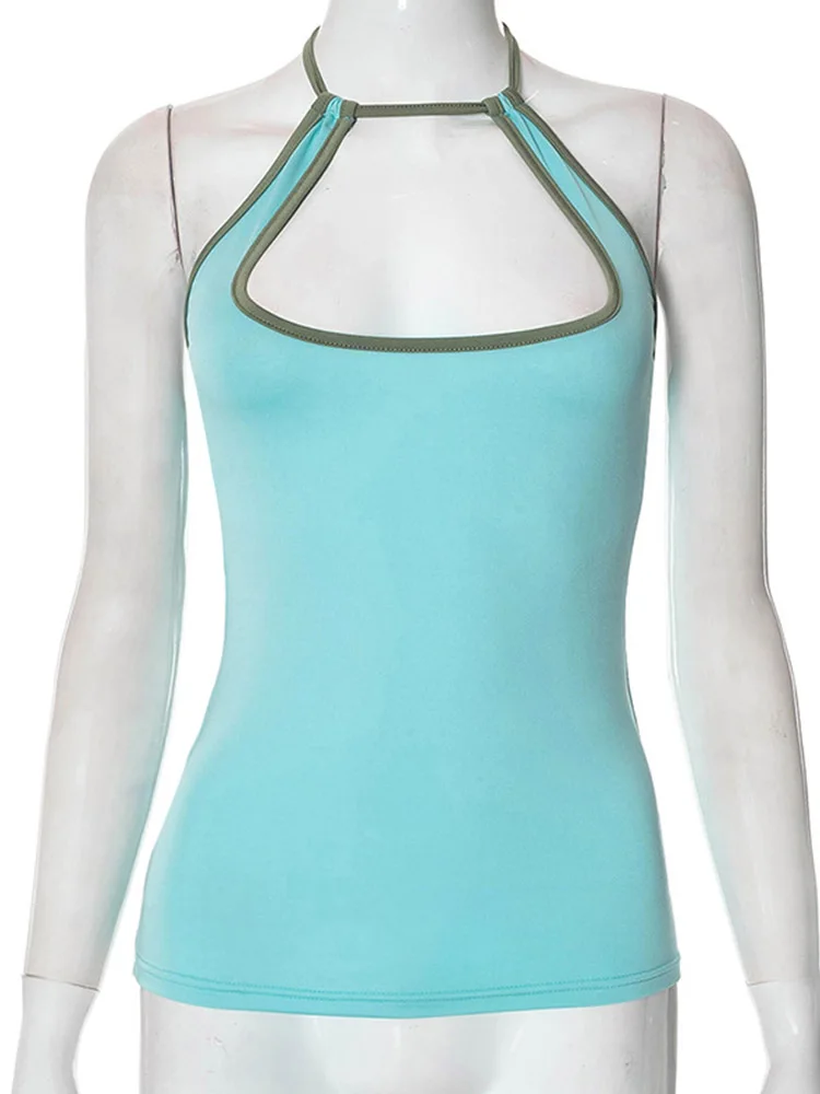 Y2k Tank Top Woman Hollow Out Backless Halter Neck Tie Up Tops