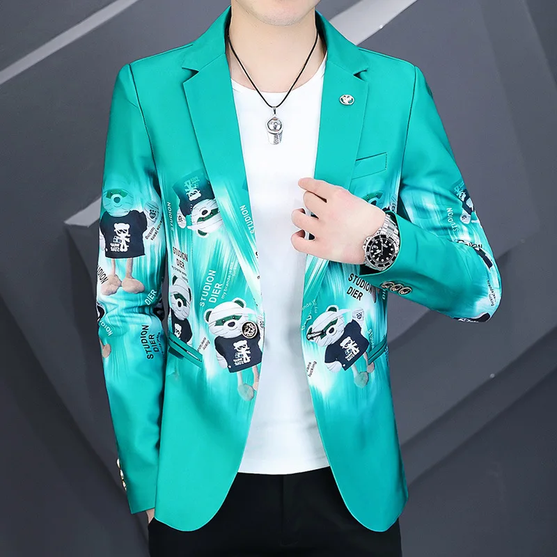 

2023 New style printed suit coat Slim fit High quality design printed small suit Social party casual suit coat White grey green