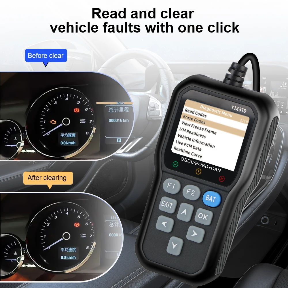 Read Vehicle Information OBD2 Scanner Code Reader Car Diagnostic Tool Check Engine System YM319 Multi-language Battery Tester 3