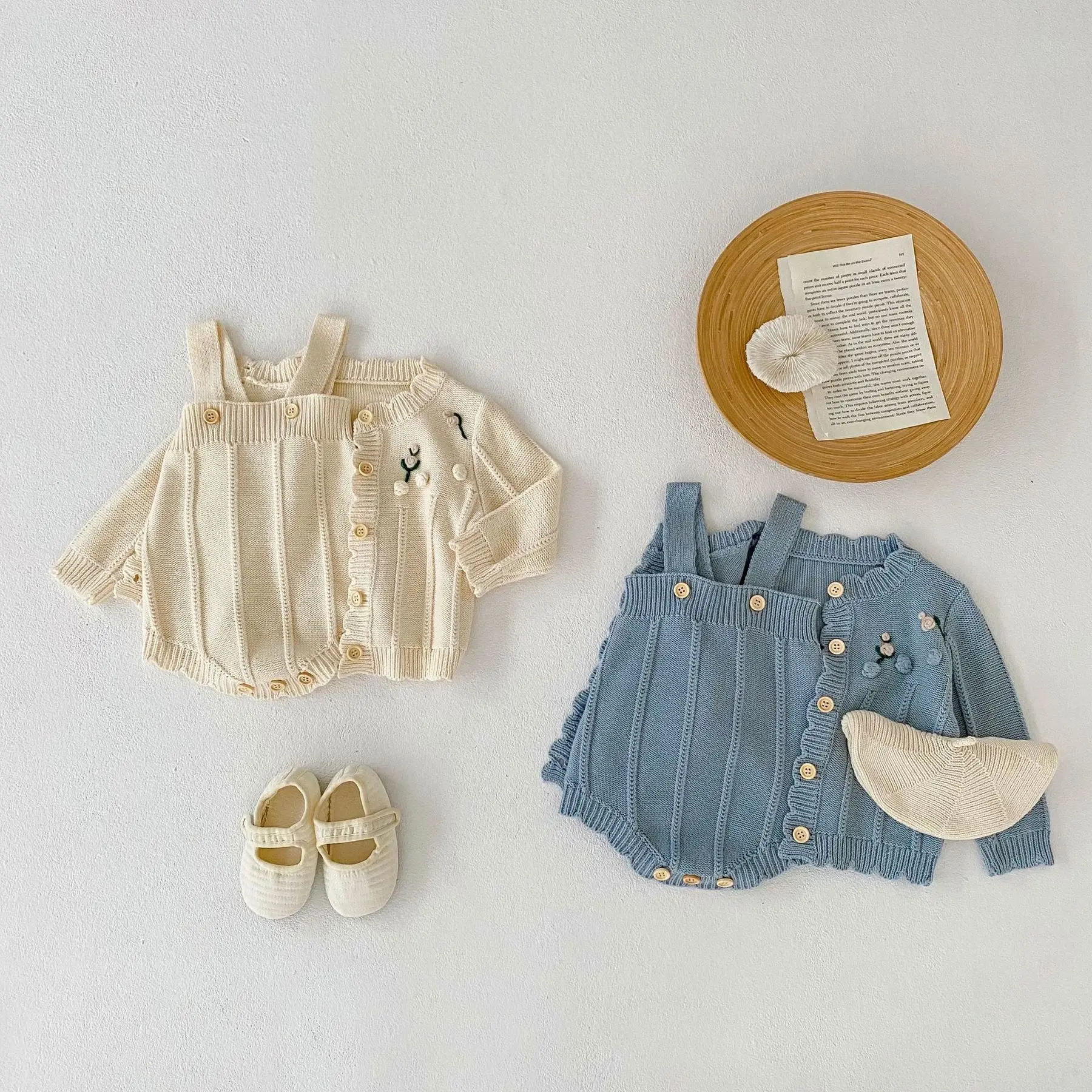 

Baby Autumn Clothes Set Knitted Romper Crotch Button One-Piece Jumpsuit Knitted Flower Embroidered Long Sleeve Jacket Cardigan