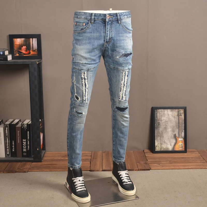 Streetwear Fashion Men Jeans Retro Blue Elastic Slim Fit Ripped Biker Jeans Homme Spliced Designer Patch Hip Hop Denim Pants Men