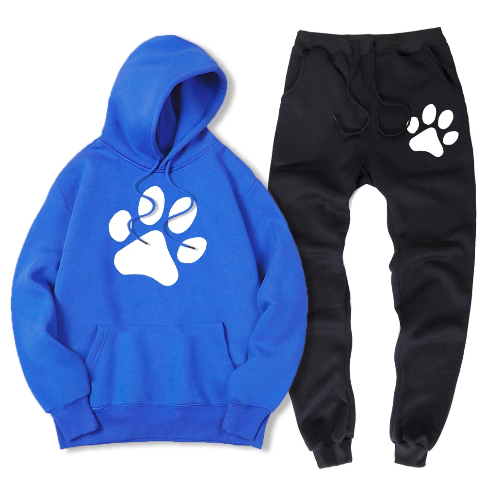 thumbnail image 1 of Sudadera con estampado de pata de perro de dibujos animados kawaii para hombre + pantalón deportivo de invierno cálido de polar, conjunto de 2 piezas, ropa deportiva holgada de gran tamaño para hombre, 1 of 4