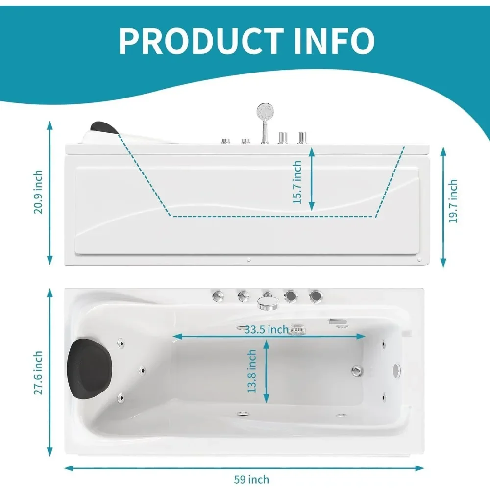 Acrylic Whirlpool Bathtub Rectangular Spray Soaking Bathtub Hydraulic Massage Therapy, Faucet and Chromotherapy Nozzle 5