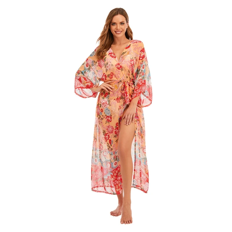 

Women Beach 3/4 Sleeve Long Kimono Cardigan Floral Print Open Front Belted Sheer Chiffon Blouse Bikini Swimsuit Cover Up M6CD