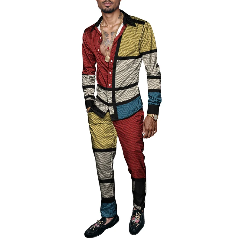 2025 Trendy Men Shirt Set Geometry Print Summer Fashion Simple Two Piece Set Mens Gradient Lightweight Party Long Sleeves Suit_voghion.com