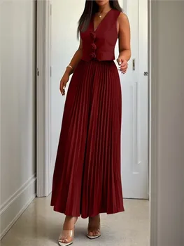 Comfortable Casual Vest Waist Pleated Skirt Set Women's Simple Solid Color Temperament Elegant Sweet Cool Style Two-piece Set 1