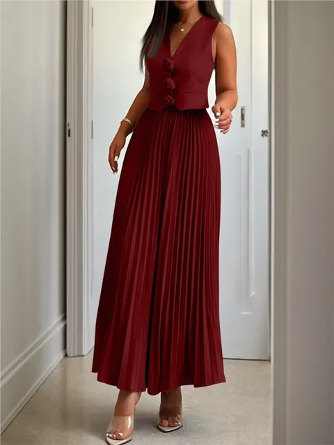 Comfortable Casual Vest Waist Pleated Skirt Set Women's Simple Solid Color Temperament Elegant Sweet Cool Style Two-piece Set 1