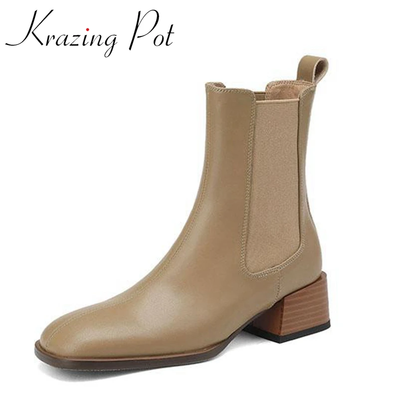 

Krazing Pot New Genuine Leather Square Toe Med Heels Chelsea Boots French Romantic Joker Slip on Vintage Convenient Ankle Boots