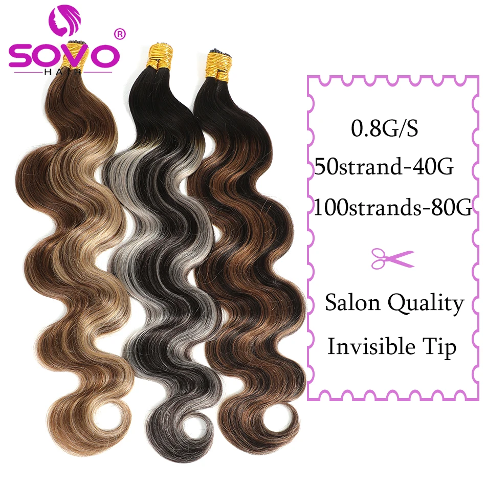 Pre Bonded Keratin Stick I-Tip Remy Human Hair Extension Hot Fusion Hair Smooth Body Wave Salon Supply 0.8 G/Strand