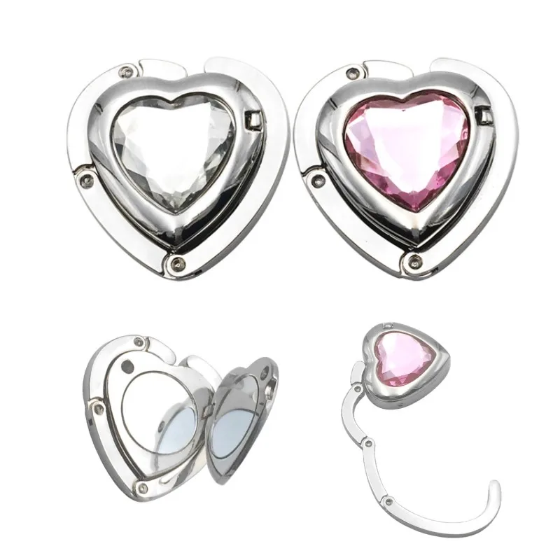 

New 1pc Pink/whiteTravel Portable Heart Shaped Metal Bag Hook Table Purse Bag Hook Handbag Hanger Holder with Mirror Mother Gift