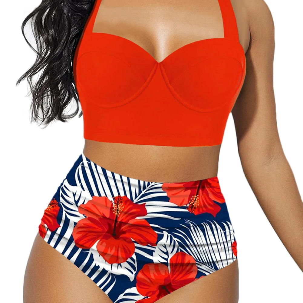 Bikini Set Women Push Up Summer Flower Print High Waist Swimming Suits