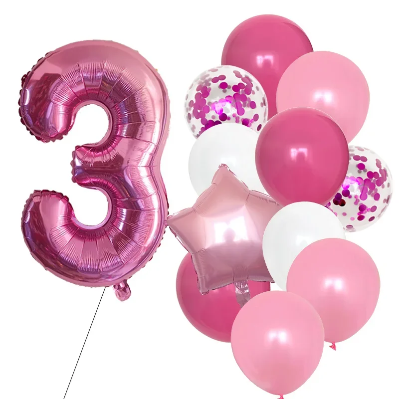 32in Pink Confetti Number Balloons Girl Birthday Party Decor Latex 1-10 Age Balloons for Kids Birthday Photo Backdrop Supplies
