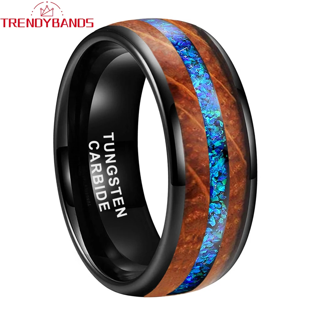 8mm Tungsten Carbide Engagement Rings for Men Women Wedding Band Fashion Jewelry Blue Opal Whisky Barrel Inlay Domed Comfort Fit menband new style 8mm blue tungsten carbide wedding band rings gold color dragon and carbon fiber inlay comfort fit