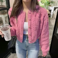 2025 Autumn Winter Casual Short Cardigan Women Knitted Coats Fashion Female Long Sleeve Knit Sweater Pocket Crop Tops Cardigans