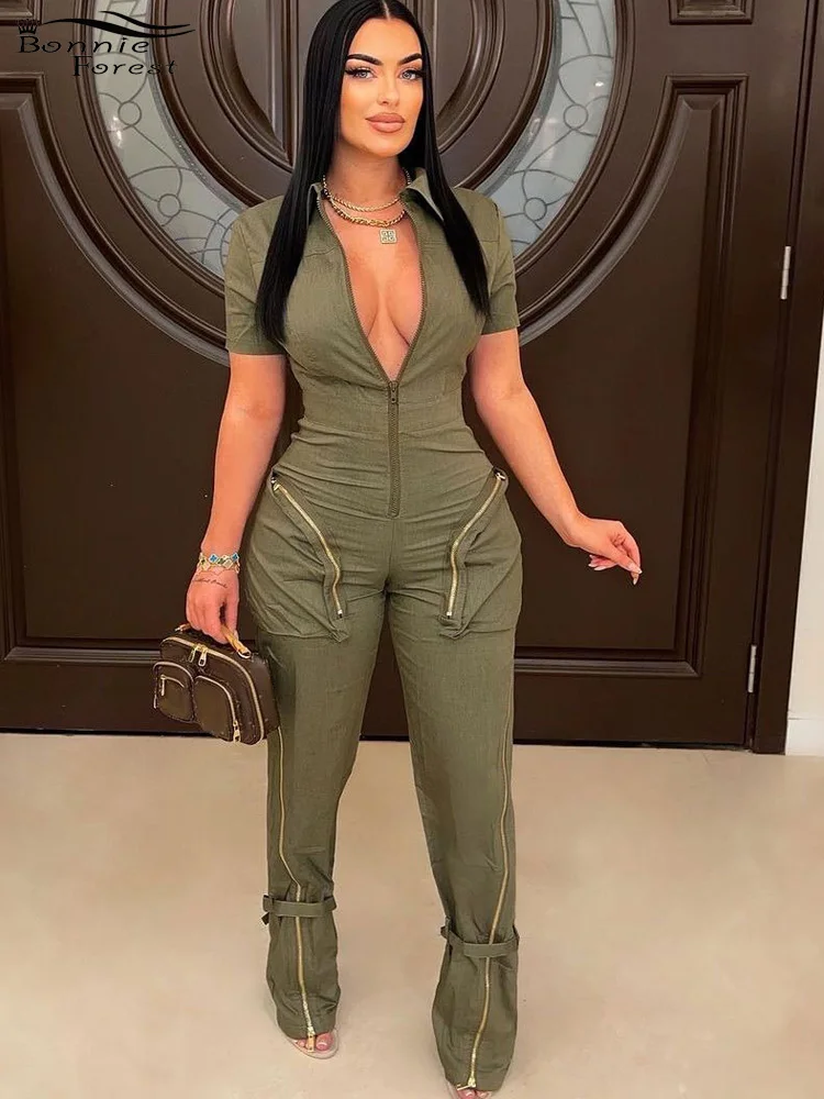 

Bonnie Forest New Chic Zipper Cargo Jumpsuits Fashion Women Short Sleeve Zippers Long Pants Jumpsuit Night Out Overalls Clubwear