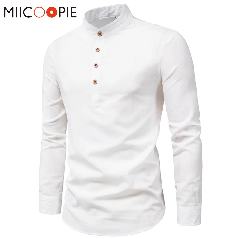 Men Solid Color Stand Shirts Top Breathable Linen Long Sleeved Mens Slim Casual Blouse