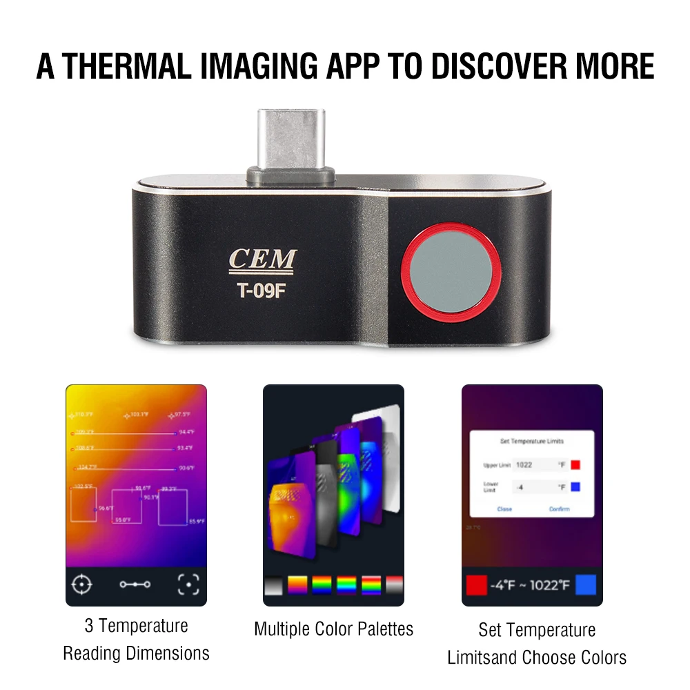 CEM T-09F 미니 열화상 카메라, USB/C 타입 인터페이스, 120x90 열 센서, 스마트 써머뷰 앱 기능