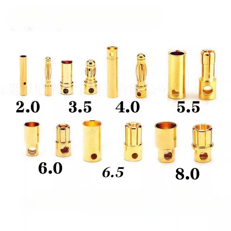 Bala de Ouro Banana Conector Plug para Esc Plugues de Bateria rc 20 mm 30 mm 35 mm 40 mm 55 mm 60 mm 80 mm 10 Par