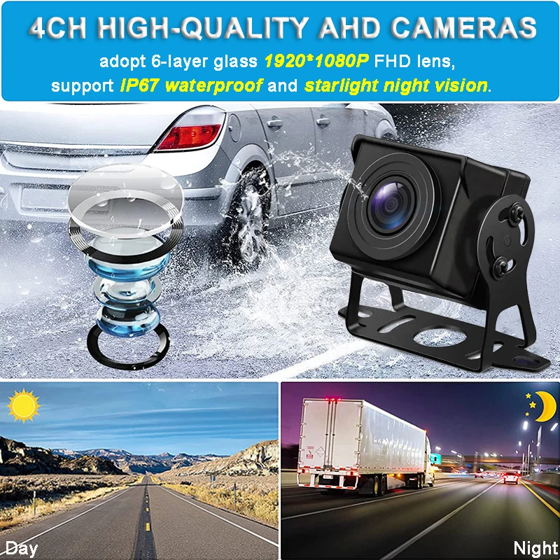 10.1" AHD 1080P 4CH Truck Backup Camera Record Monitor Touch Screen Vehicle DVR Kit Rear View Reverse System Parking Monitoring