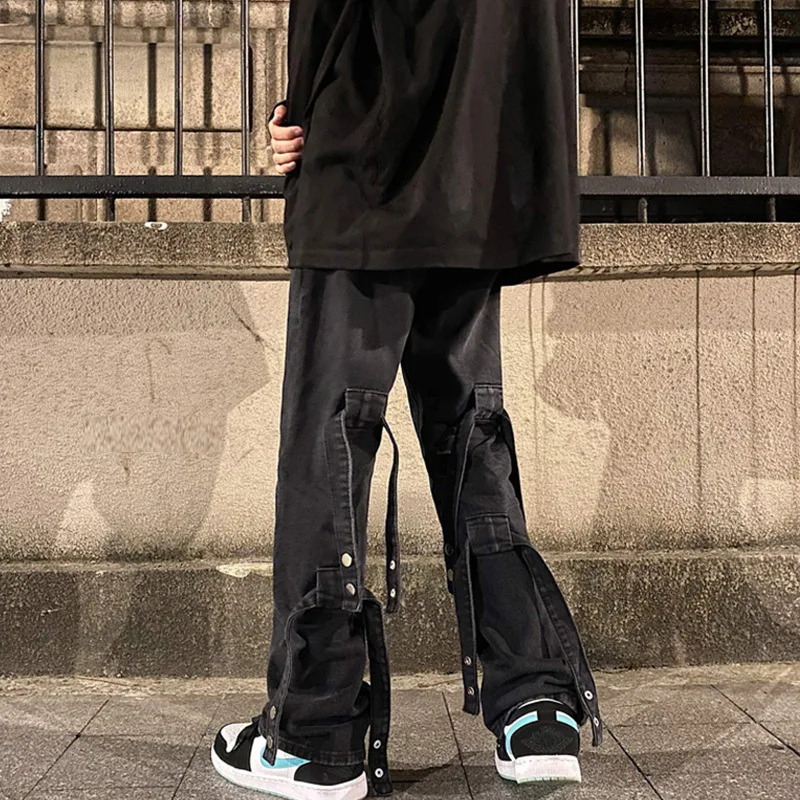 ICCLEK Autumn American Jeans Retro Loose Straight Pants High Street Jeans Bandage Jeans Men's Jeans Bell Bottom Jeans