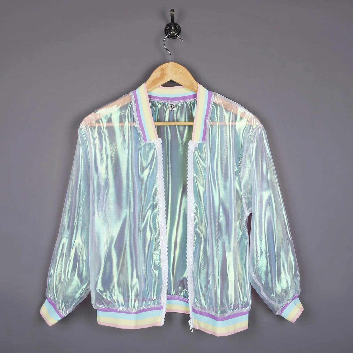 Women Iridescent Rainbow Color Organza Transparent Causal Jacket Holographic Coat Laser Sunscreen Baseball Jackets Lady Outwear holiday billie lady in satin transparent vinyl