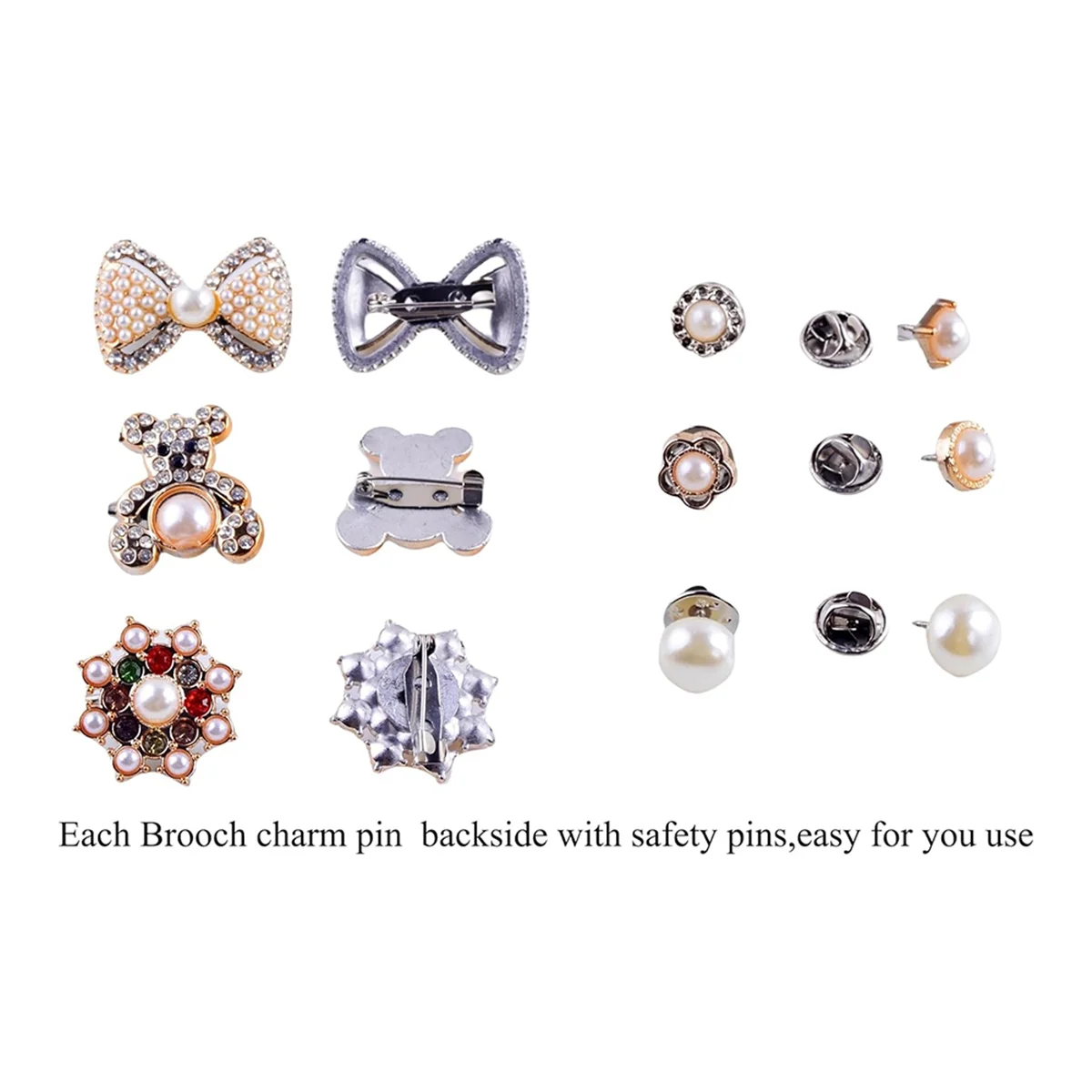 A04R-55pcs Junk Sock Charms Pins Gold Bling Sock Jewelry Charms,Brooch Pins for Socks,Pearl Rhinestone Brooch