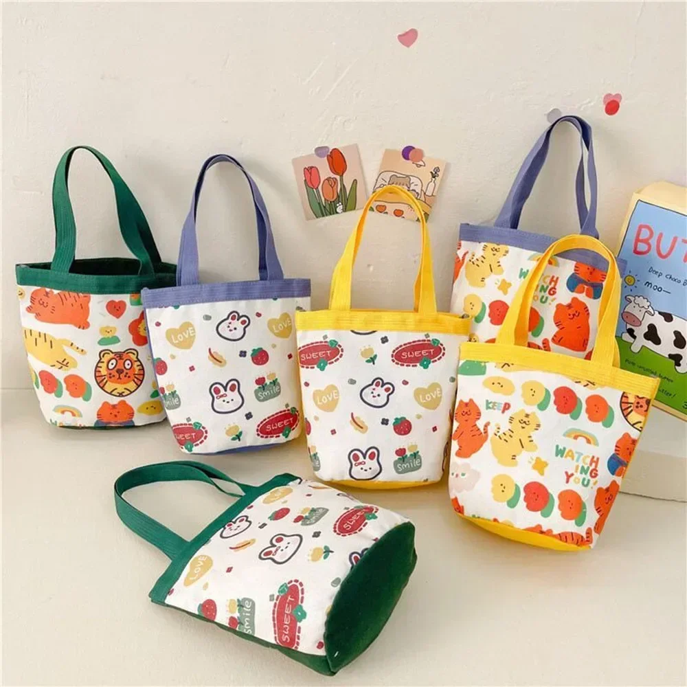 Portable Cute Animal Pattern Graffiti Bucket Bag Ins Printed Cylindrical Bag Canvas Bento Bag Handheld Lunch Box