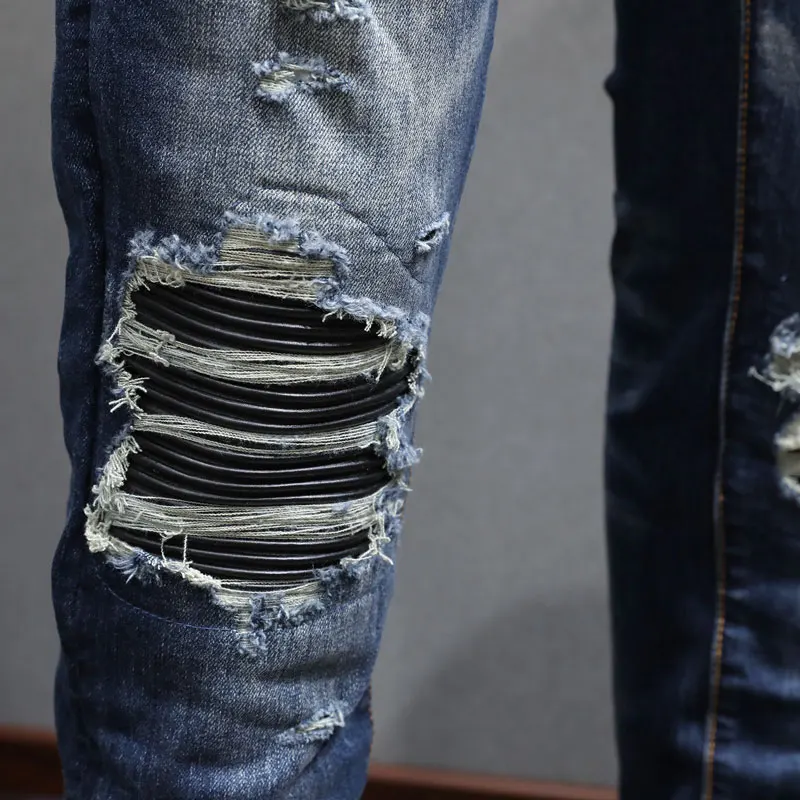 Street Fashion Men Jeans Retro Dark Blue Stretch Skinny Fit Ripped Jeans Hole Leather Patched Designer Hip Hop Brand Pants Men